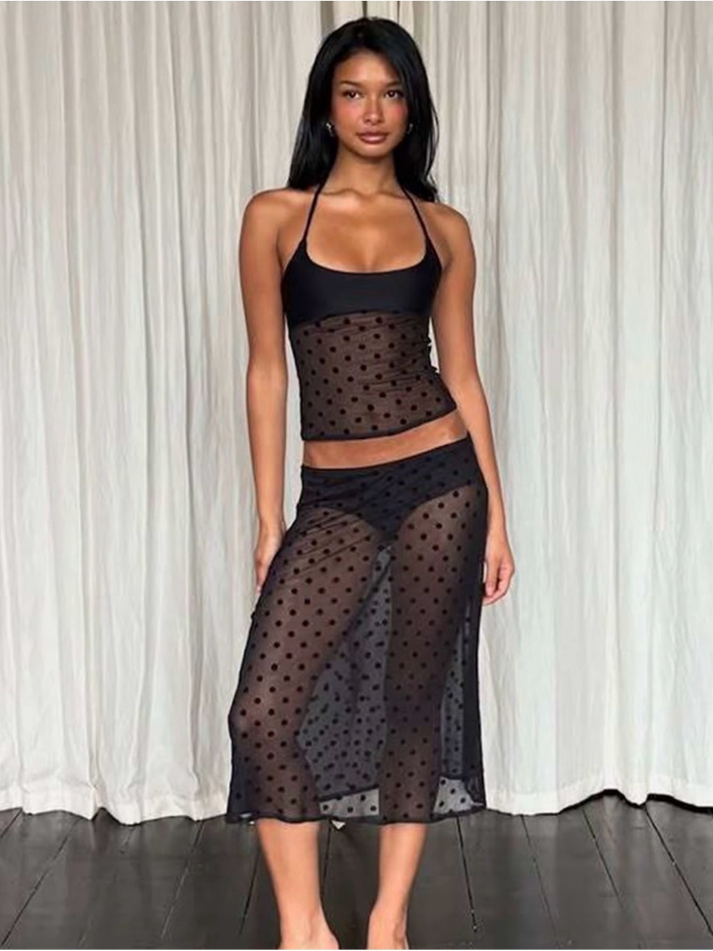 Sheer Polka Dot Mesh Two-Piece Set in Black